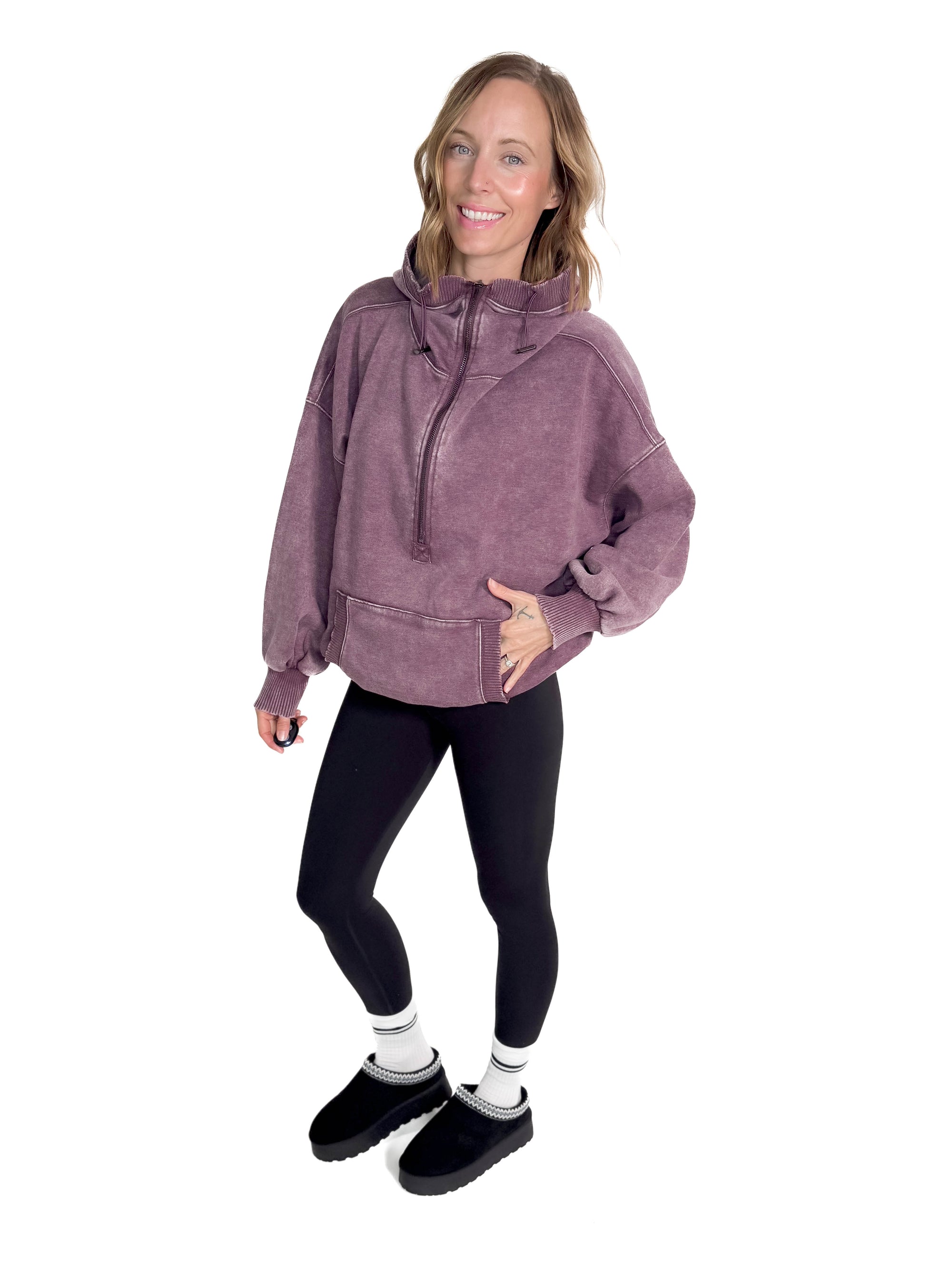 Lexie Hem Half Zip Hoodie- EGGPLANT