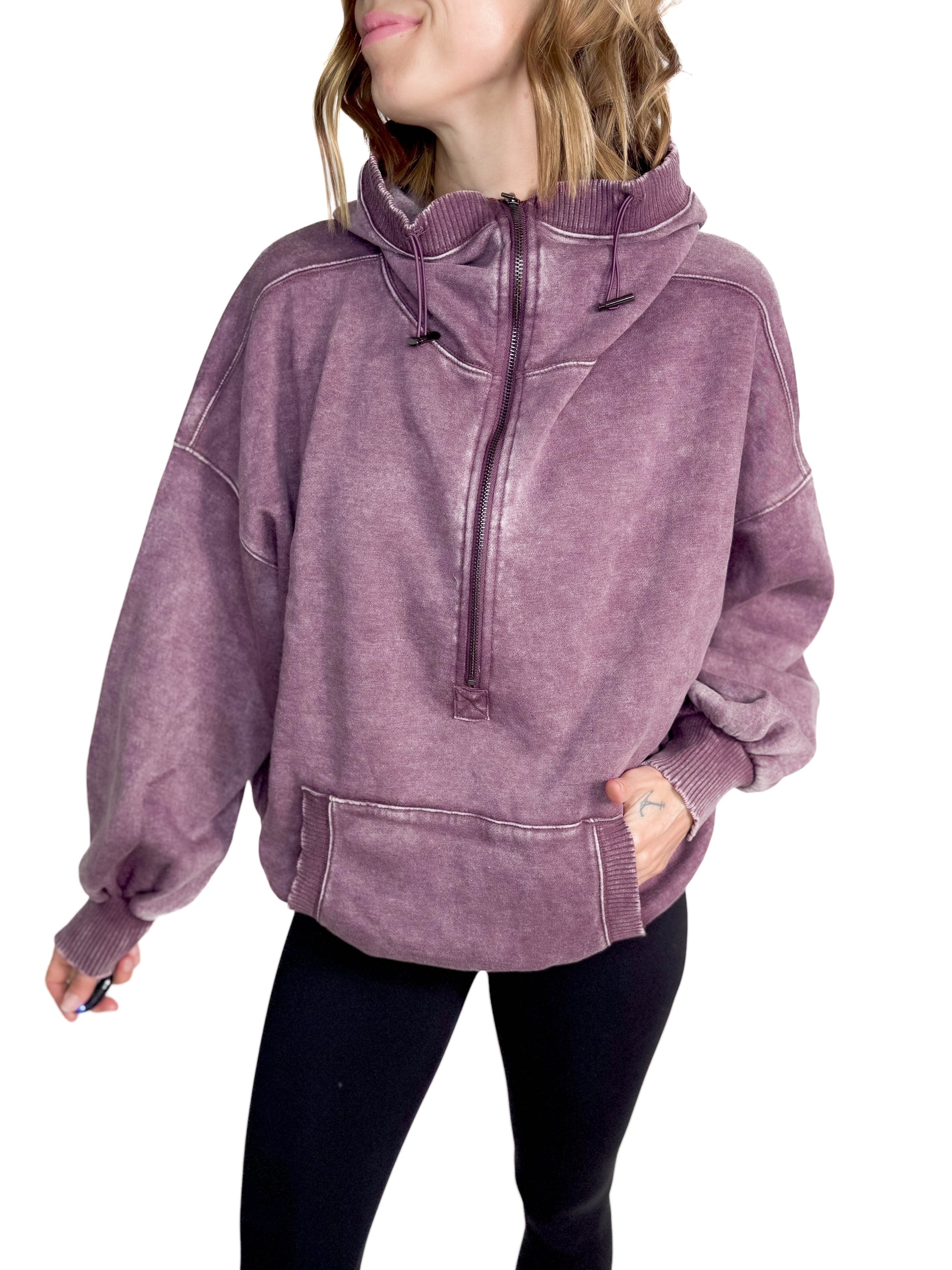 Lexie Hem Half Zip Hoodie- EGGPLANT