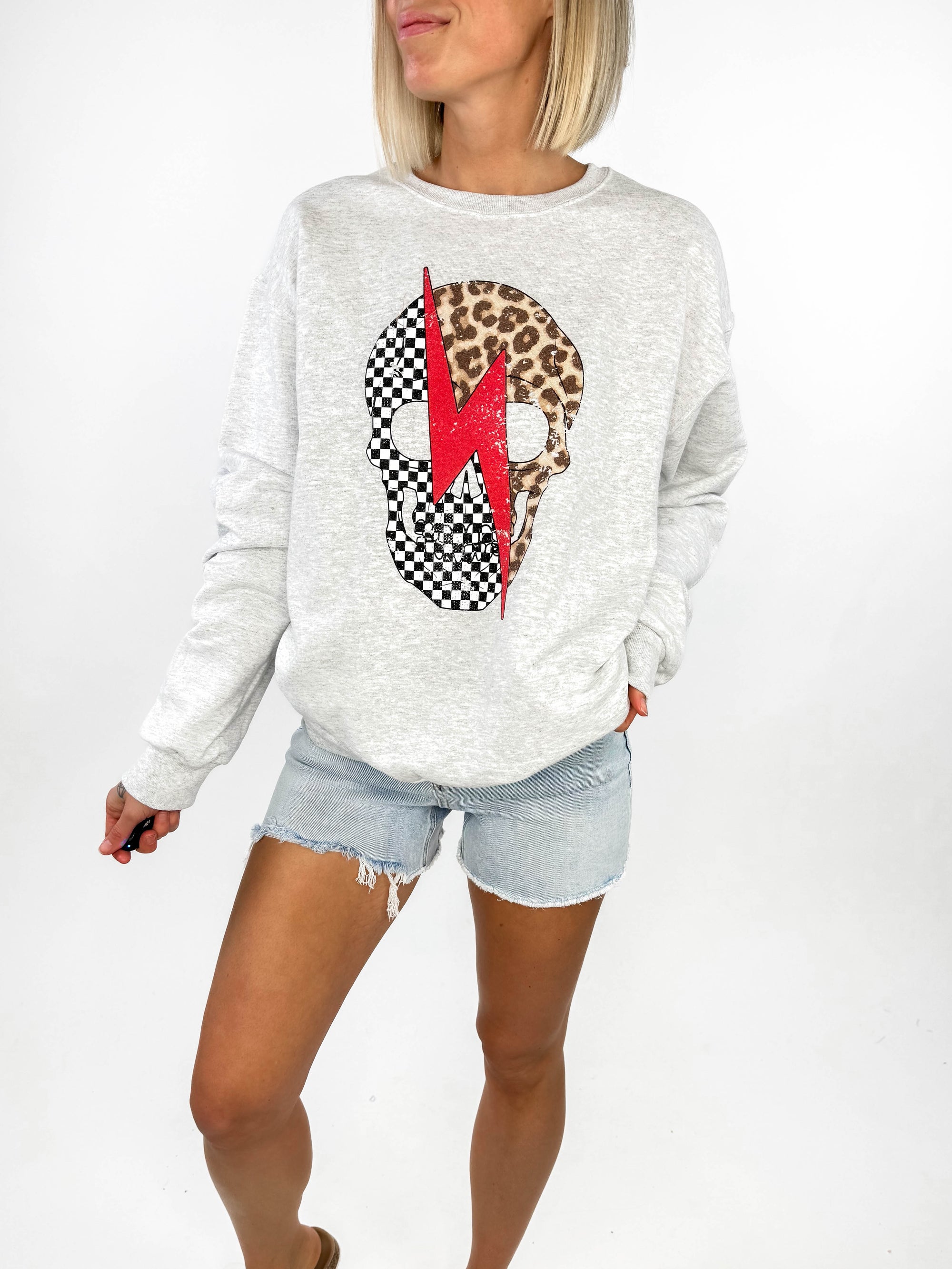 Checker Skull Graphic Crewneck- ASH GREY