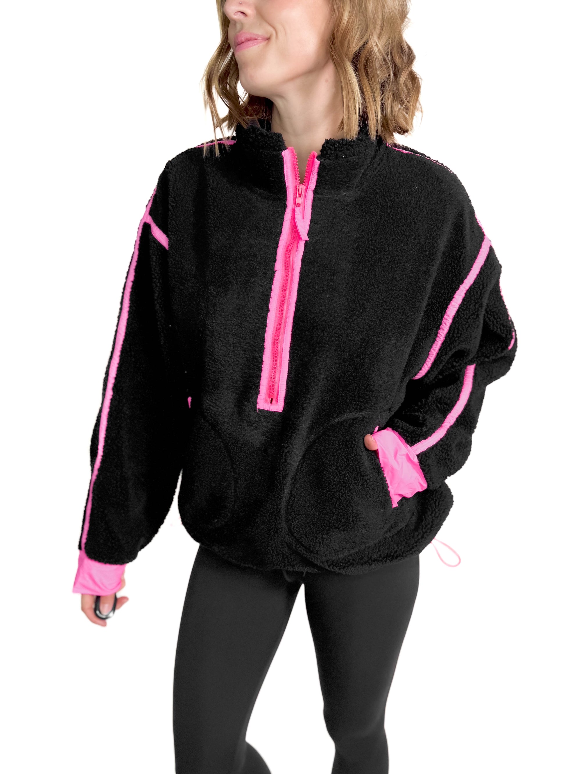 Ayla Contrast Edge Half Zip Sherpa- BLACK/NEON PINK