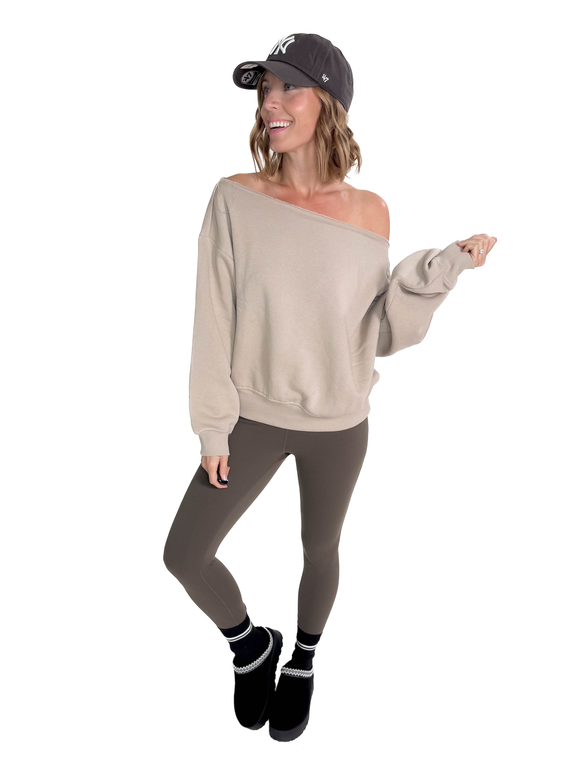 Janice Fleece Off Shoulder Top- TAUPE