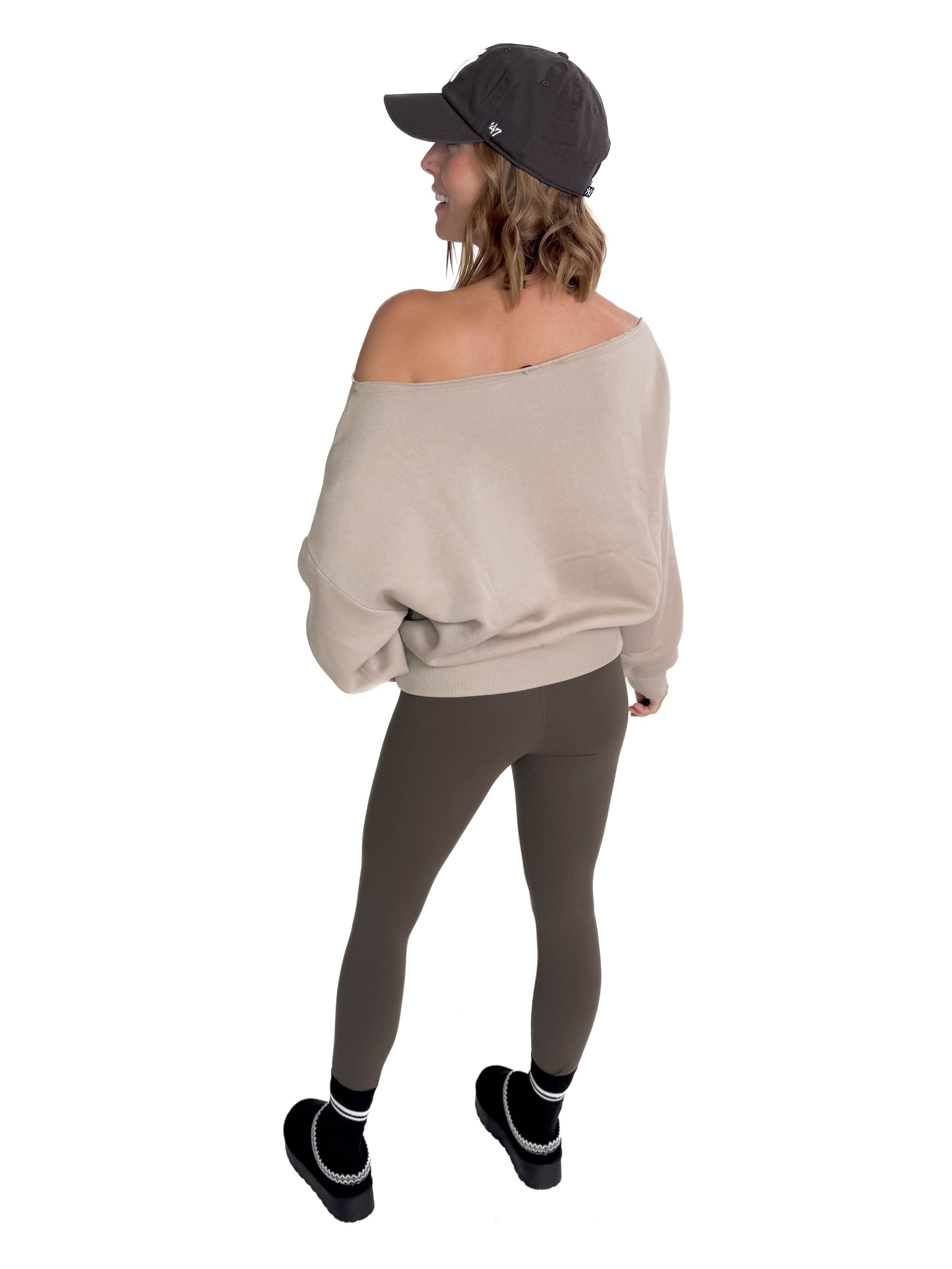 Janice Fleece Off Shoulder Top- TAUPE