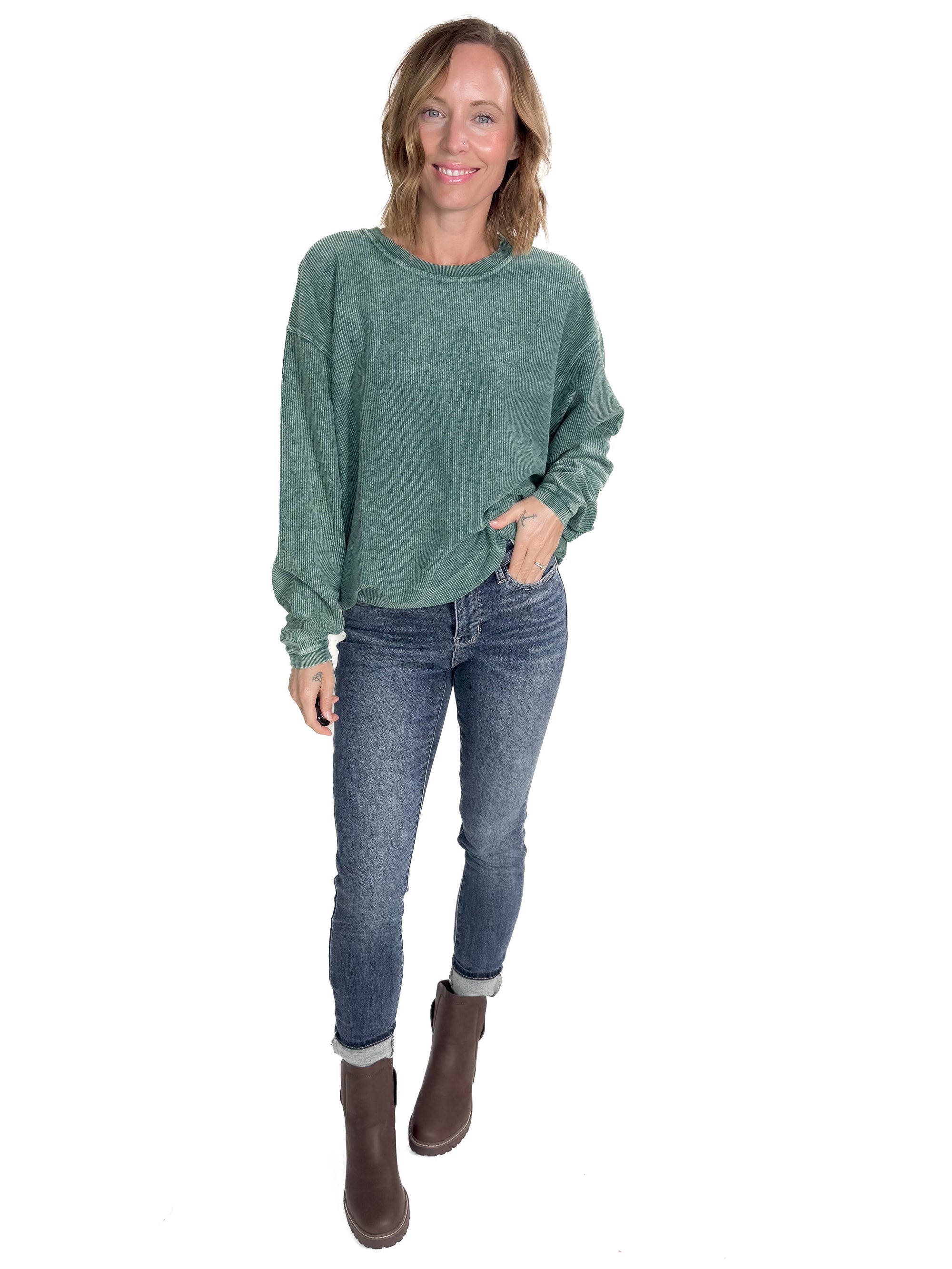 Camila Corded Vintage Pullover- PINE