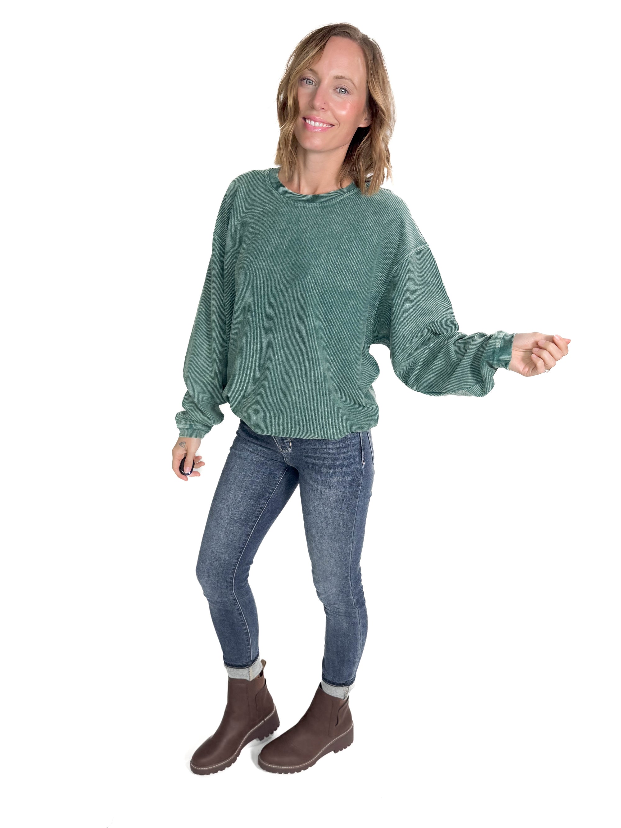 Camila Corded Vintage Pullover- PINE