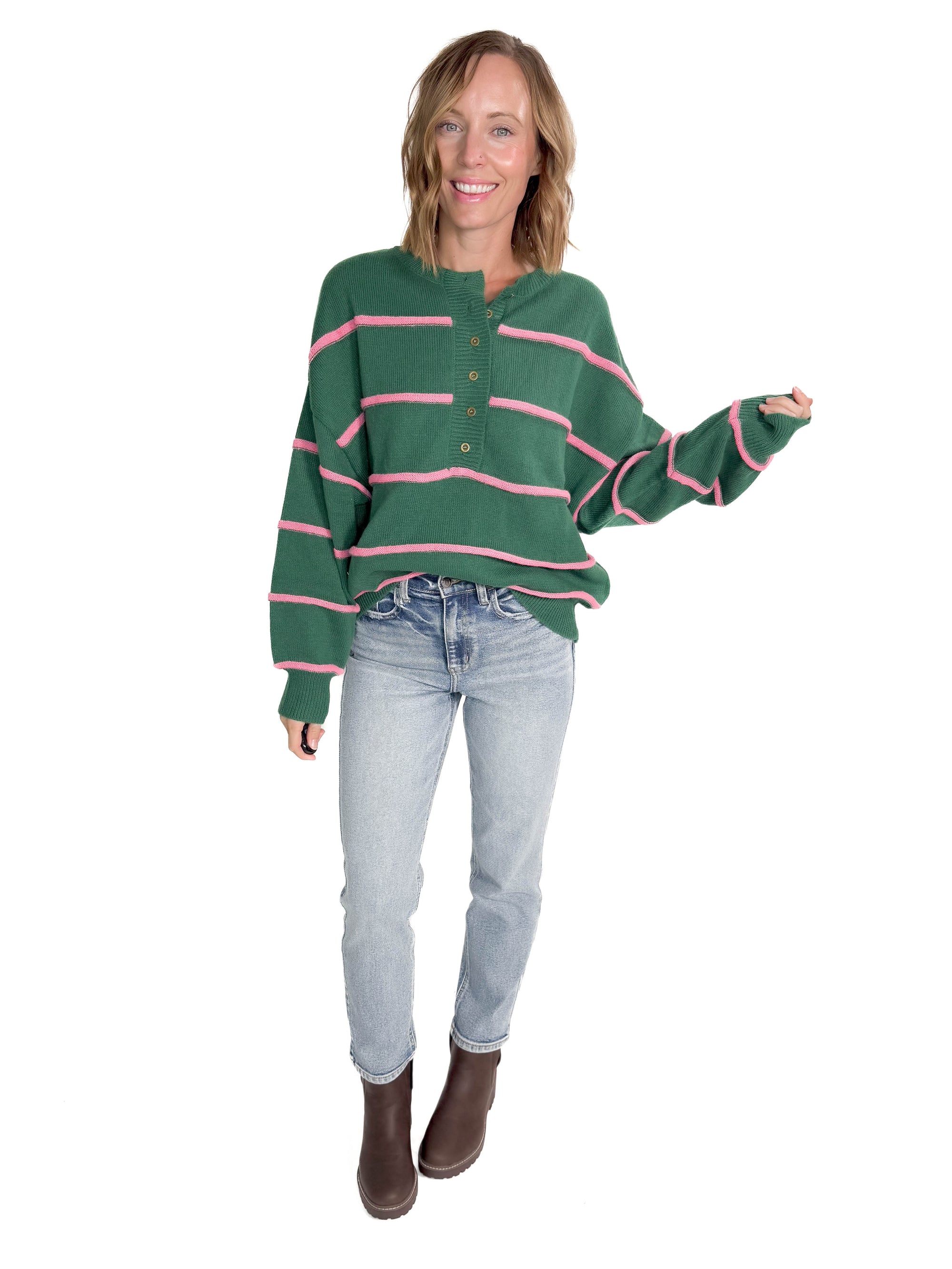 Ruby Henley Sweater- HUNTER GREEN/PINK