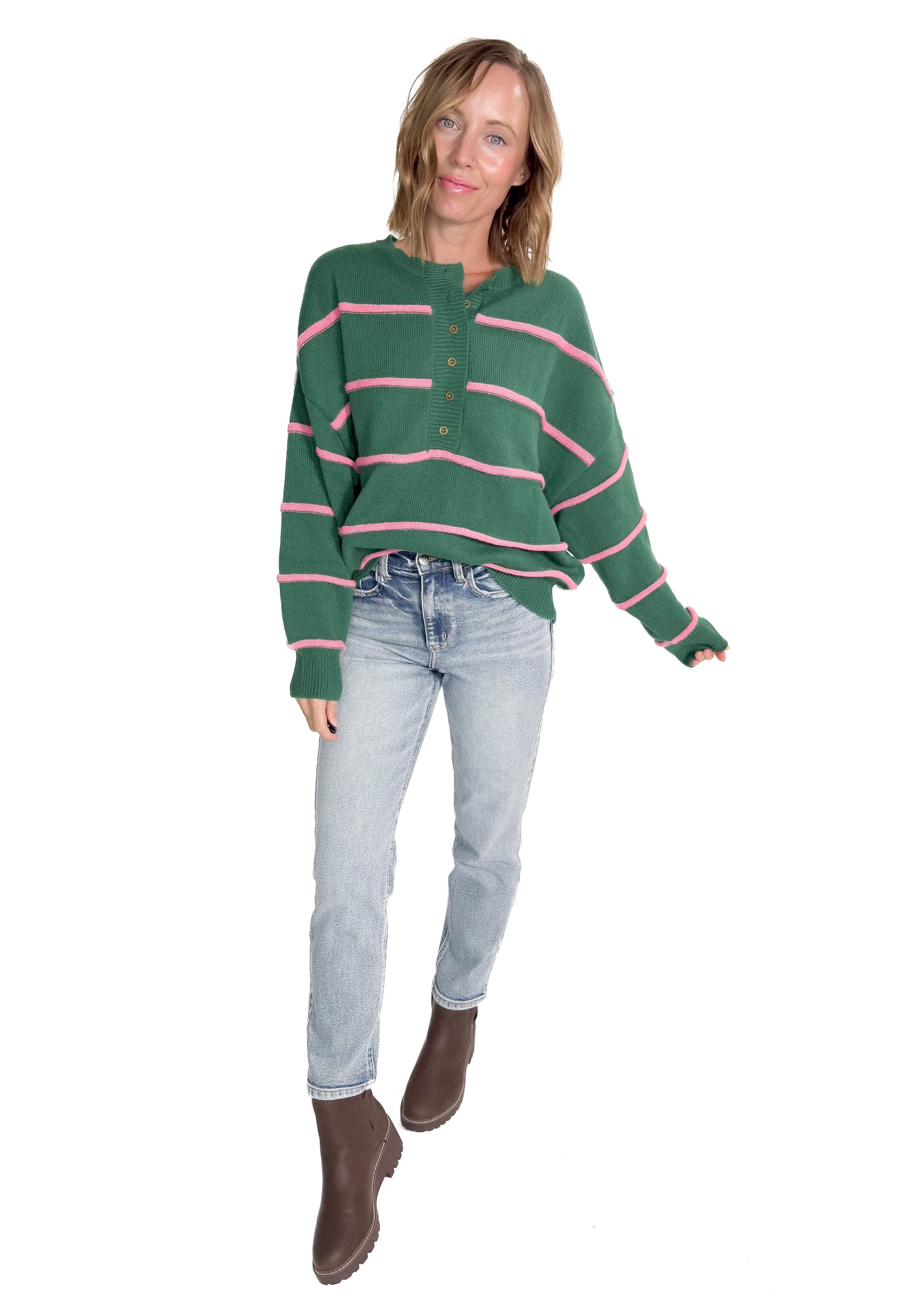 Ruby Henley Sweater- HUNTER GREEN/PINK