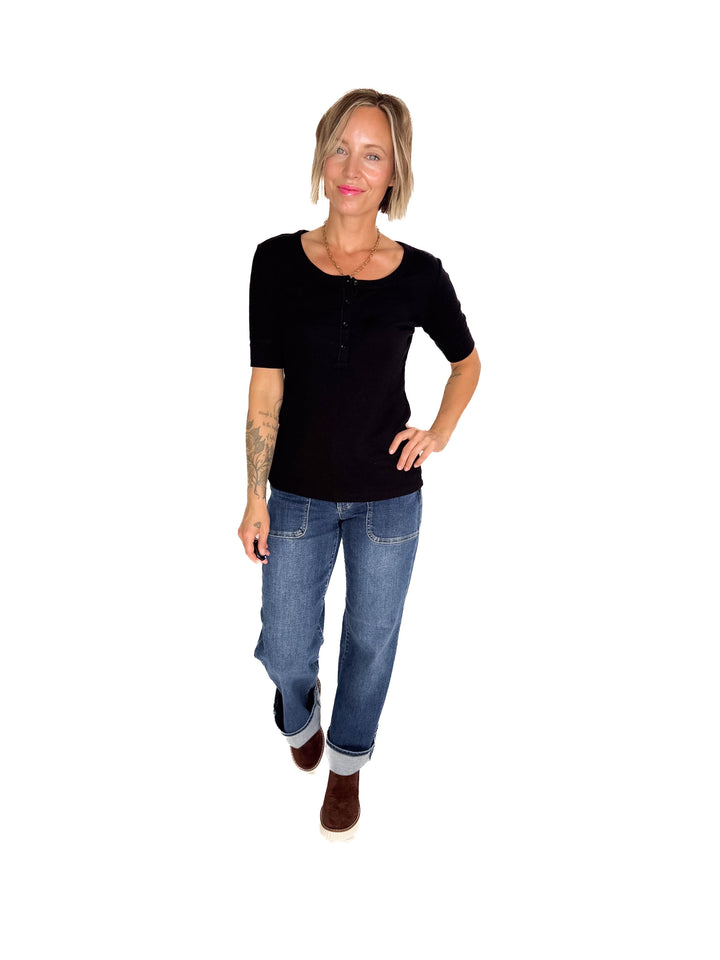 Melissa Ribbed 1/2 Sleeve Henley Top- BLACK-FINAL SALE