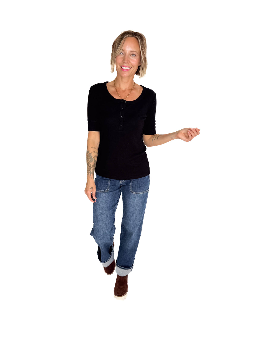 Melissa Ribbed 1/2 Sleeve Henley Top- BLACK-FINAL SALE