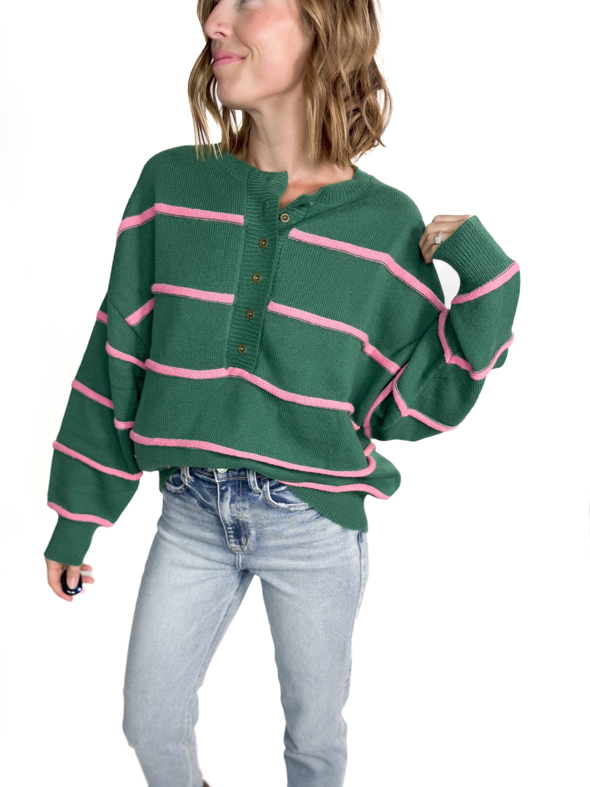 Ruby Henley Sweater- HUNTER GREEN/PINK