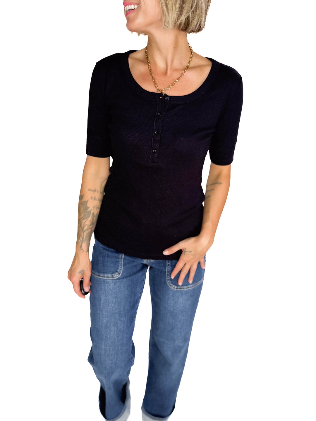 Melissa Ribbed 1/2 Sleeve Henley Top- BLACK-FINAL SALE
