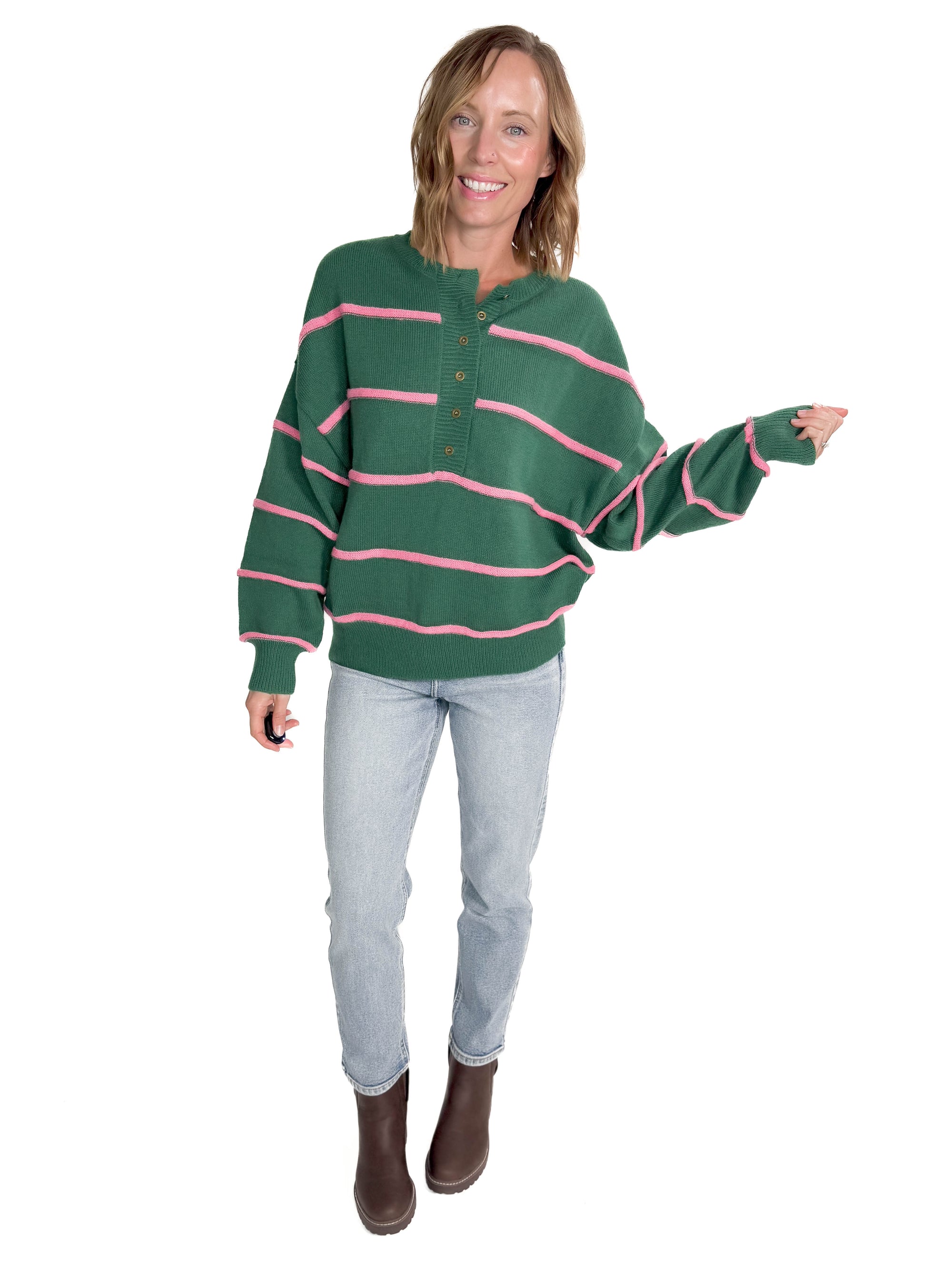 Ruby Henley Sweater- HUNTER GREEN/PINK