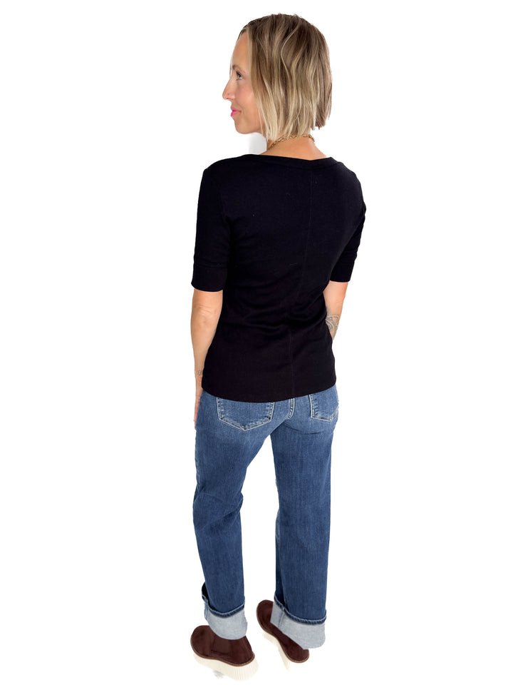 Melissa Ribbed 1/2 Sleeve Henley Top- BLACK-FINAL SALE