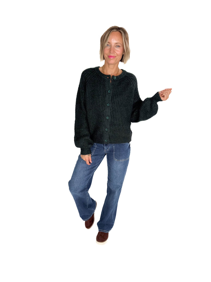 Krystle Button Cardigan- EVERGREEN
