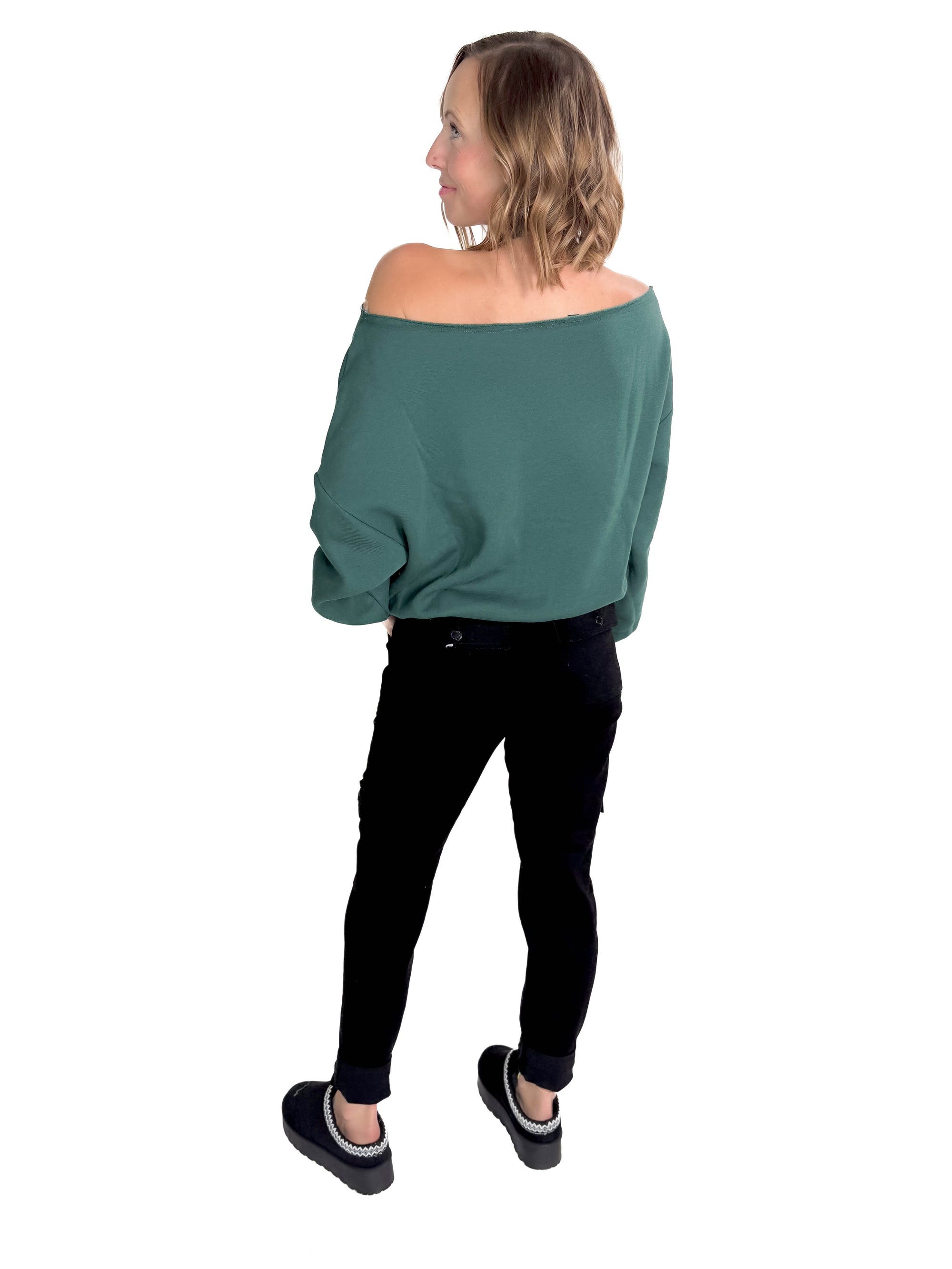 Janice Fleece Off Shoulder Top- HUNTER GREEN