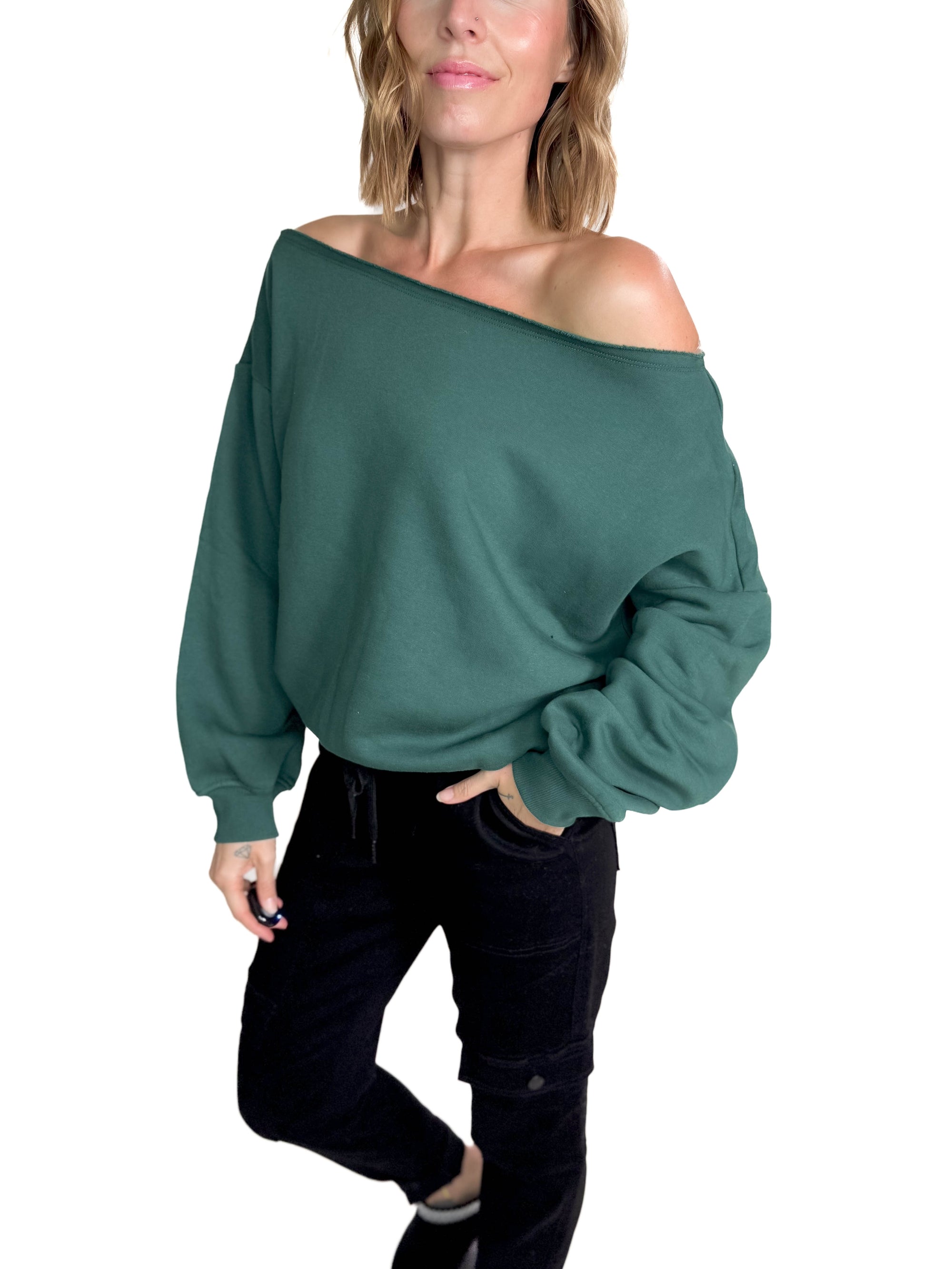 Janice Fleece Off Shoulder Top- HUNTER GREEN