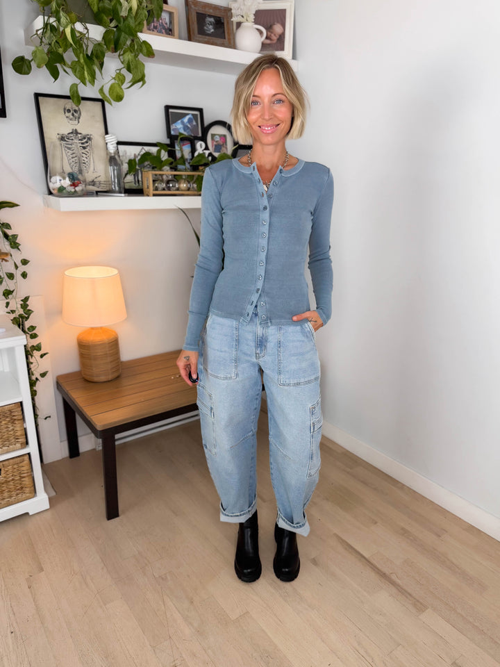 Dottie Button Front Long Sleeve- SLATE BLUE