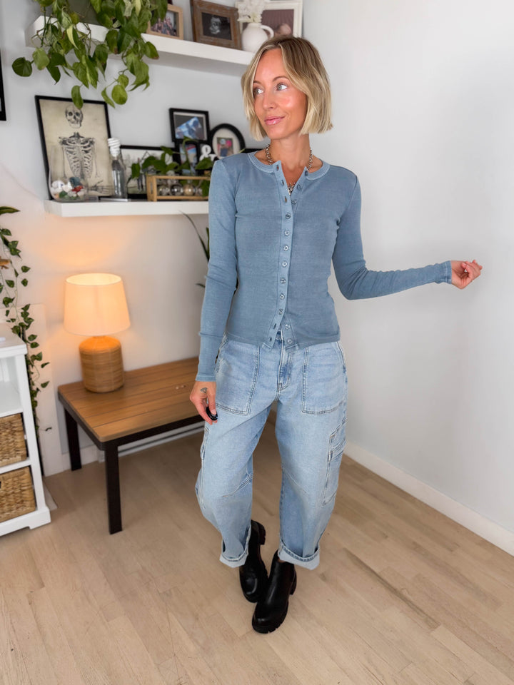 Dottie Button Front Long Sleeve- SLATE BLUE