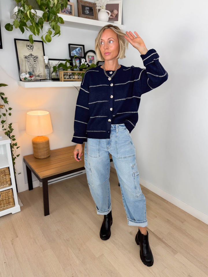 Copper Button Down Cardigan- NAVY MULTI