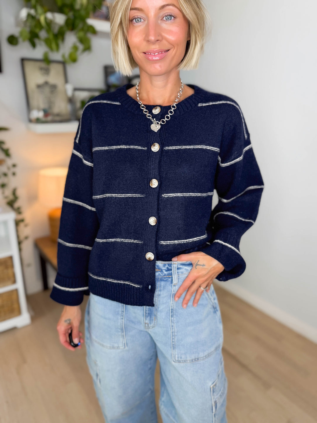 Copper Button Down Cardigan- NAVY MULTI