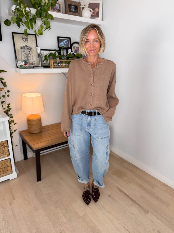 Tristyn Raw Edge Seam Button Down Cardigan- MOCHA