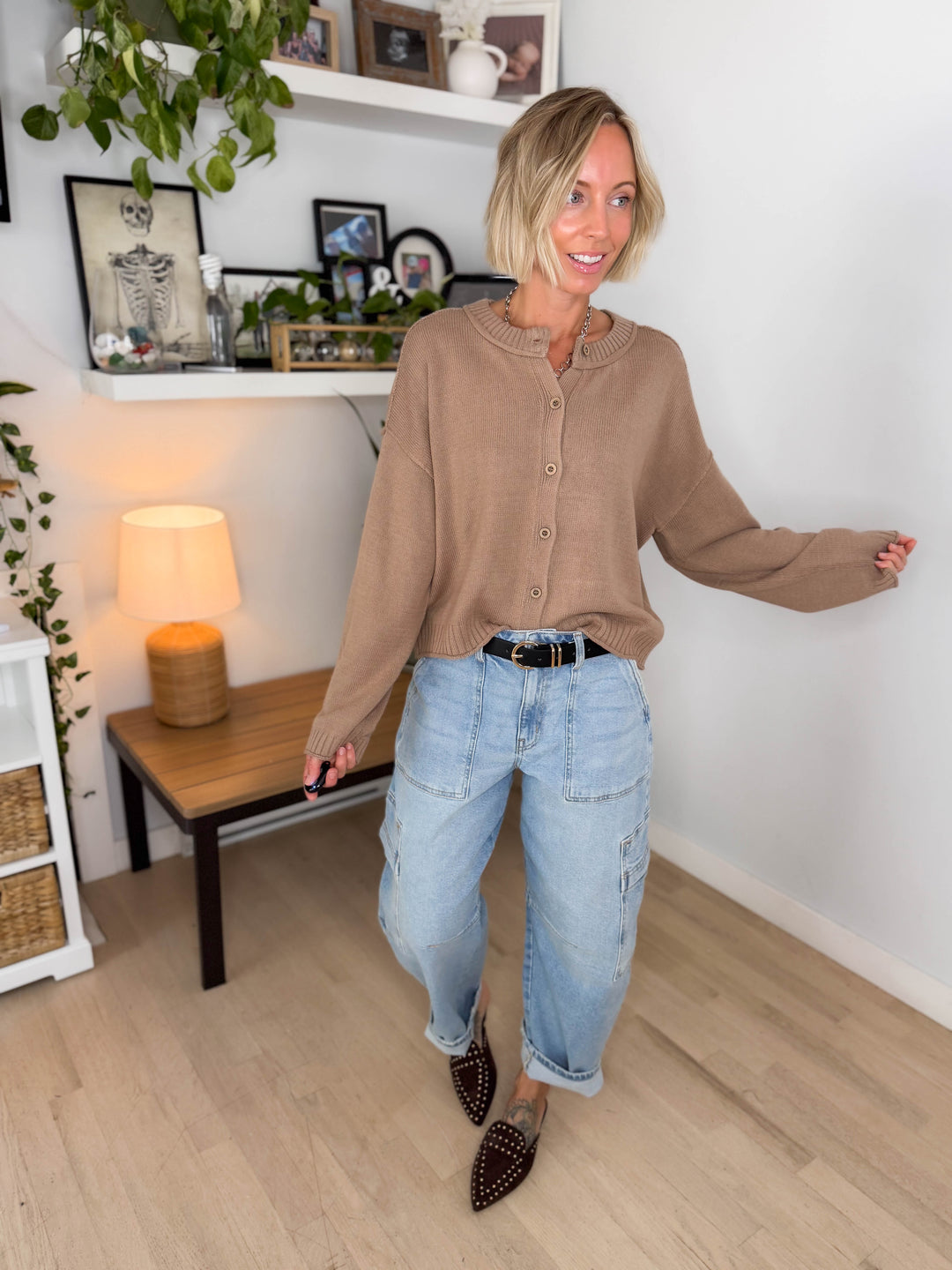 Tristyn Raw Edge Seam Button Down Cardigan- MOCHA