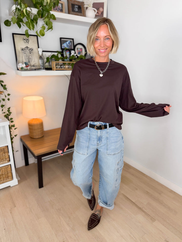 Only Happy Organic Cotton Long Sleeve Tee- COFFEE BEAN