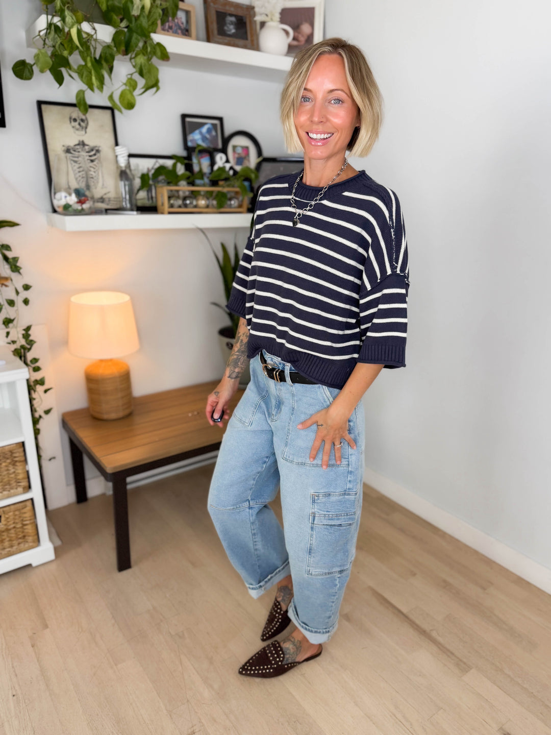 Darlene Stripe Drop Shoulder Short Sleeve Sweater- DARK NAVY