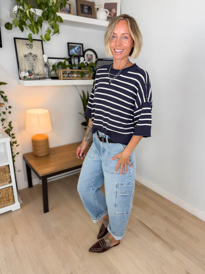 Darlene Stripe Drop Shoulder Short Sleeve Sweater- DARK NAVY