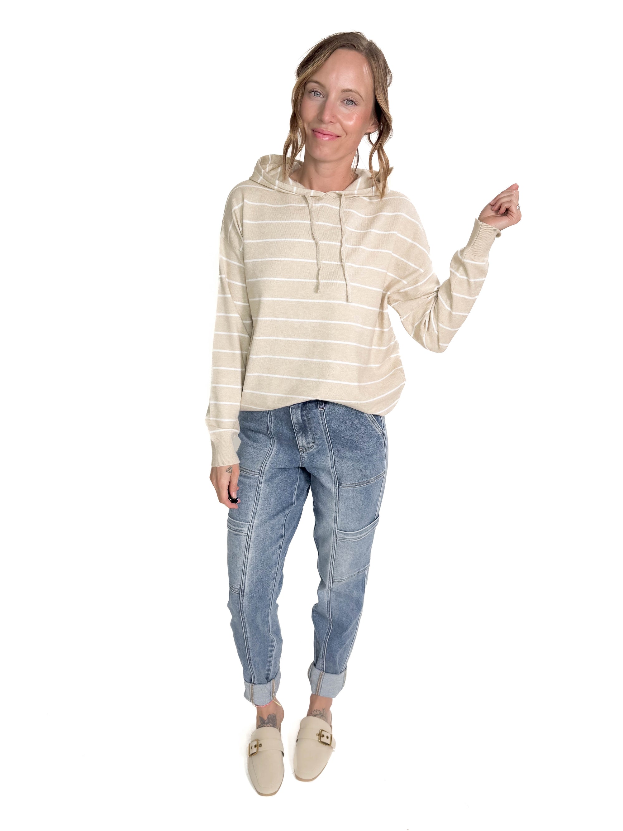 Betty Striped Hoodie Pullover- OATMEAL