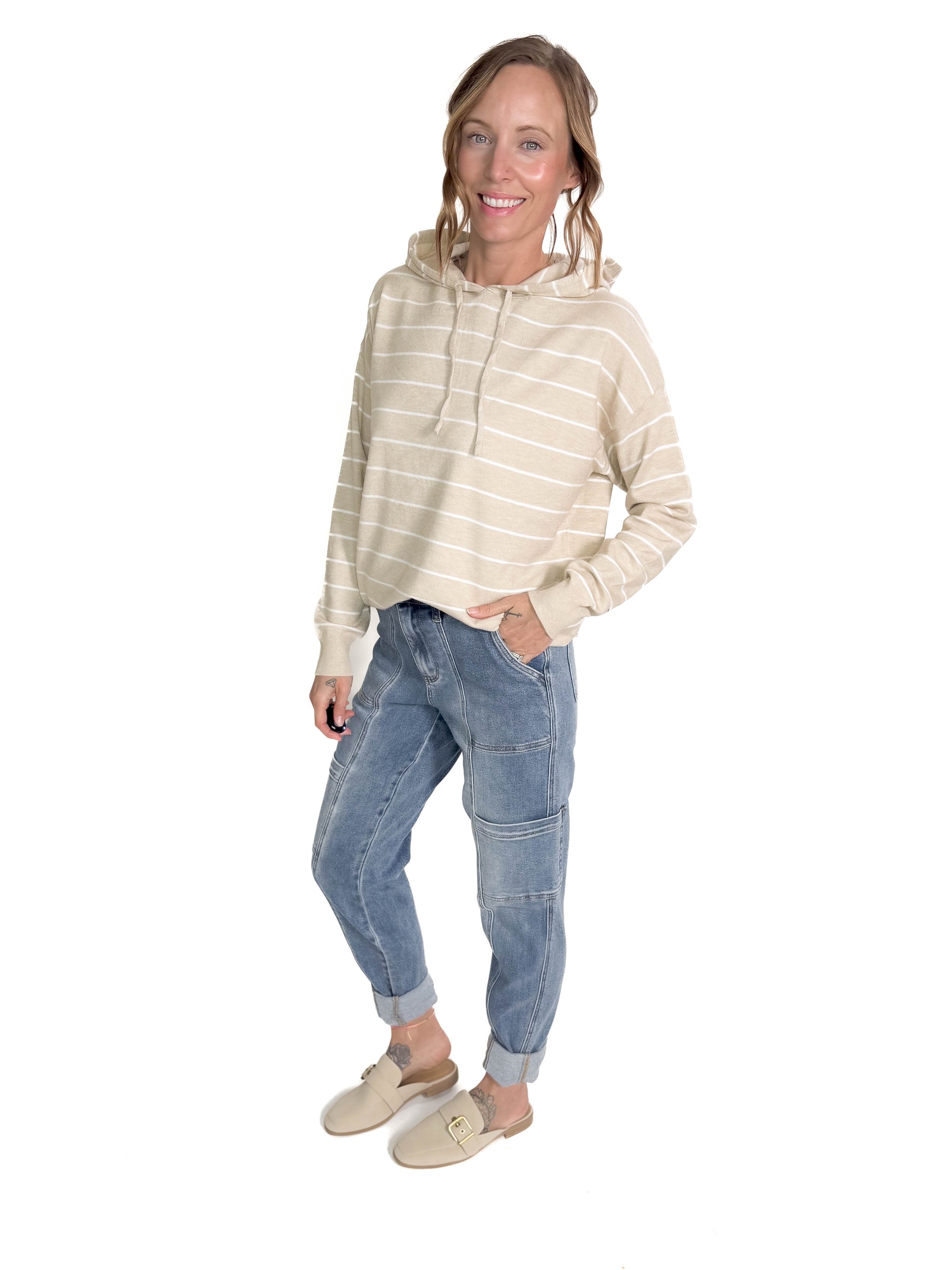 Betty Striped Hoodie Pullover- OATMEAL