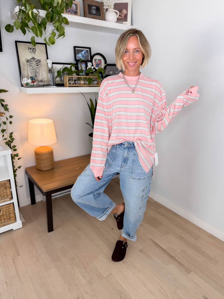 Cady Stripe Long Sleeve Pullover- BABY PINK