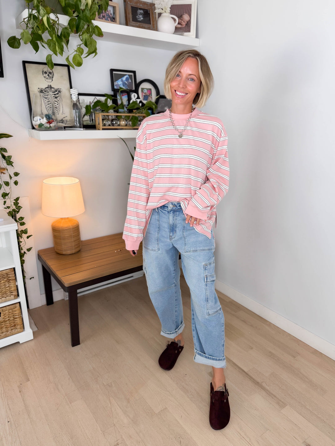 Cady Stripe Long Sleeve Pullover- BABY PINK
