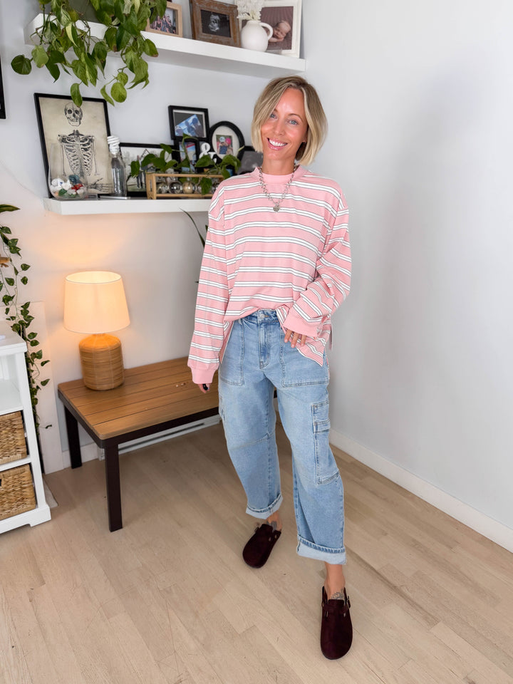Cady Stripe Long Sleeve Pullover- BABY PINK