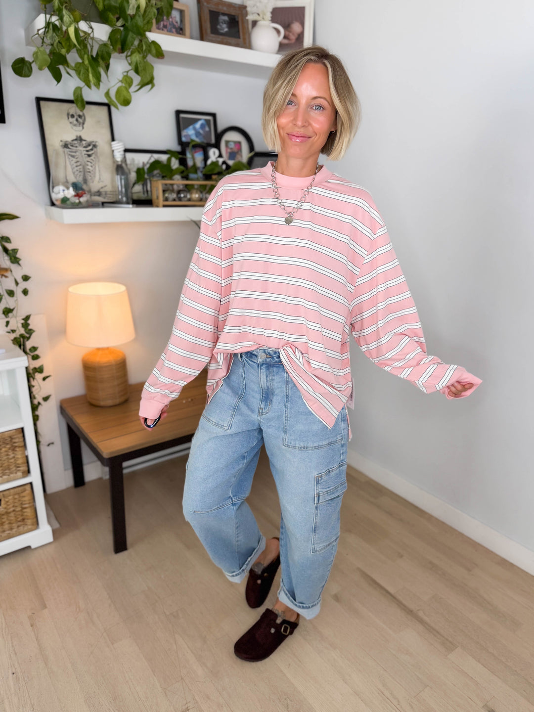 Cady Stripe Long Sleeve Pullover- BABY PINK
