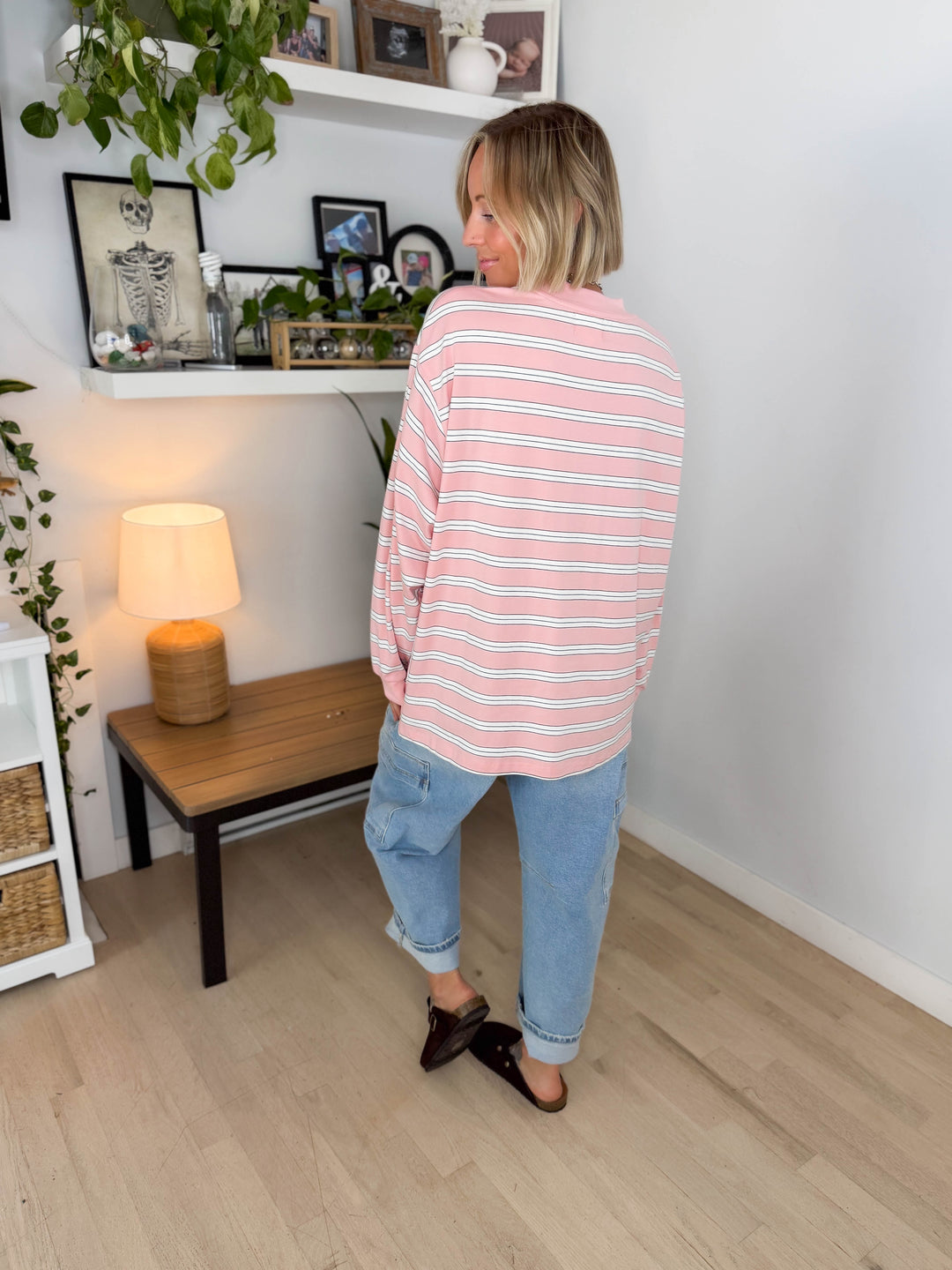 Cady Stripe Long Sleeve Pullover- BABY PINK