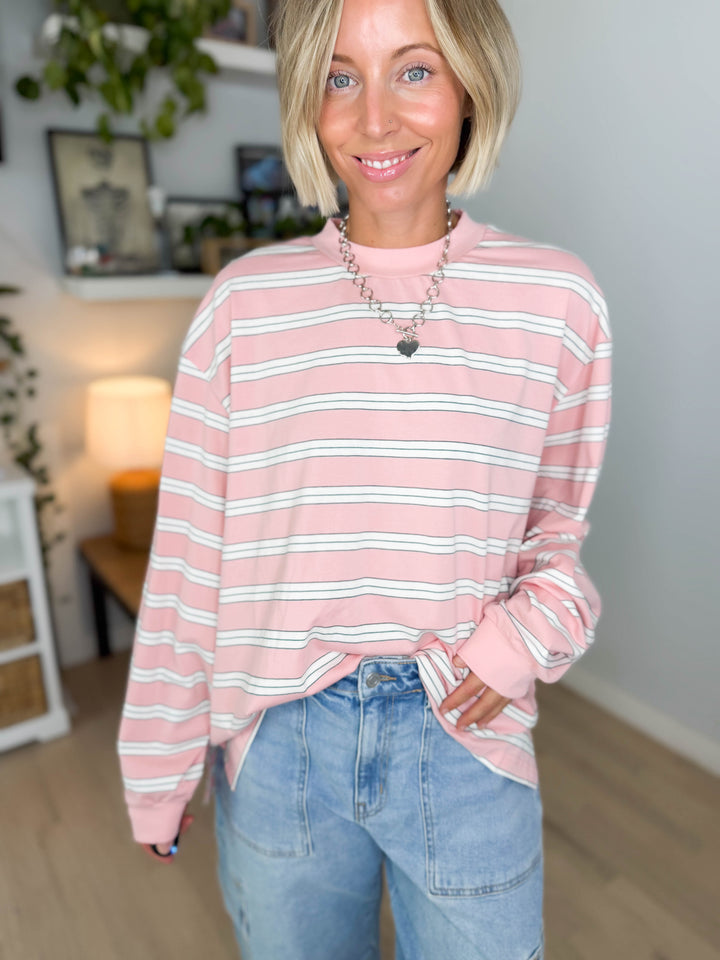 Cady Stripe Long Sleeve Pullover- BABY PINK