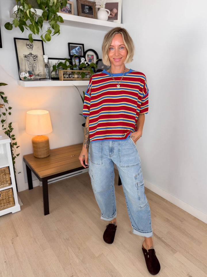 Lynden Soft Stripe Pullover Top- RED/BLUE