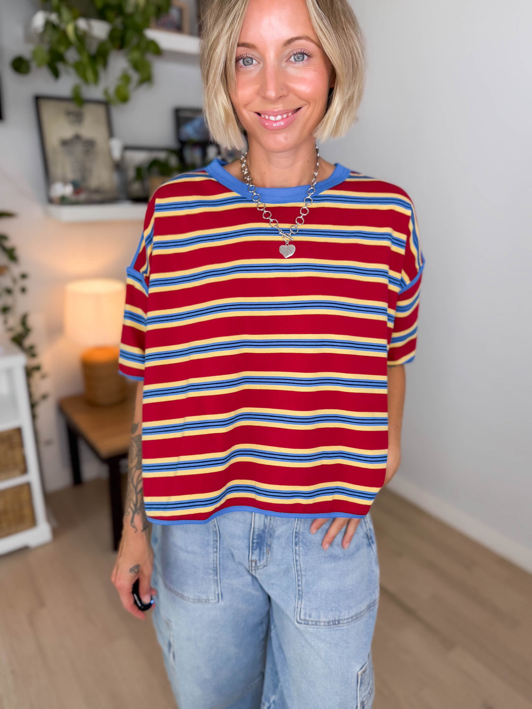 Lynden Soft Stripe Pullover Top- RED/BLUE