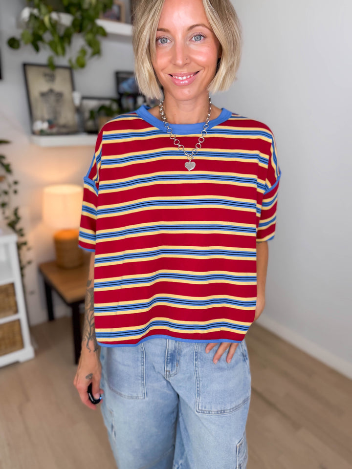 Lynden Soft Stripe Pullover Top- RED/BLUE