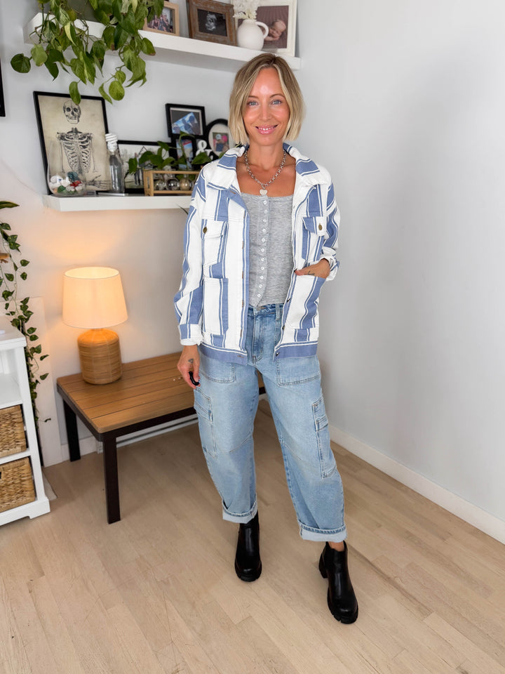 Jessie Vintage Striped Denim Jacket- LIGHT DENIM