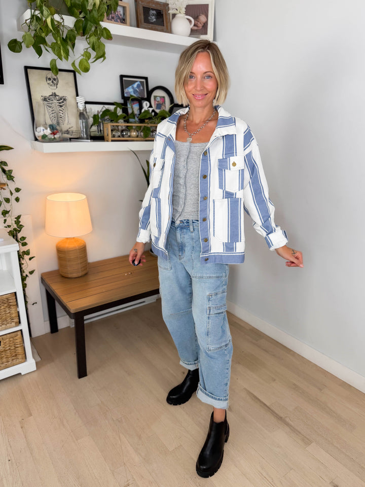 Jessie Vintage Striped Denim Jacket- LIGHT DENIM