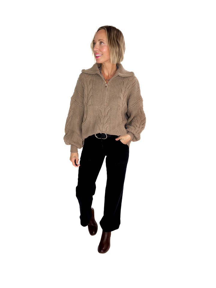 Kiki Cable Knit 1/2 Zip Sweater- FAWN