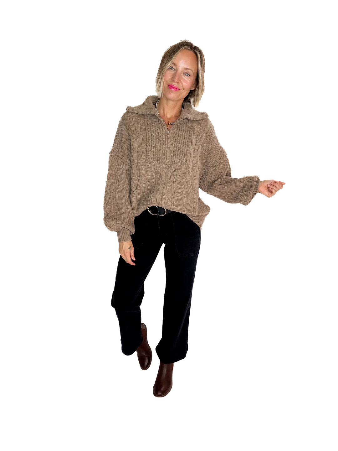Kiki Cable Knit 1/2 Zip Sweater- FAWN