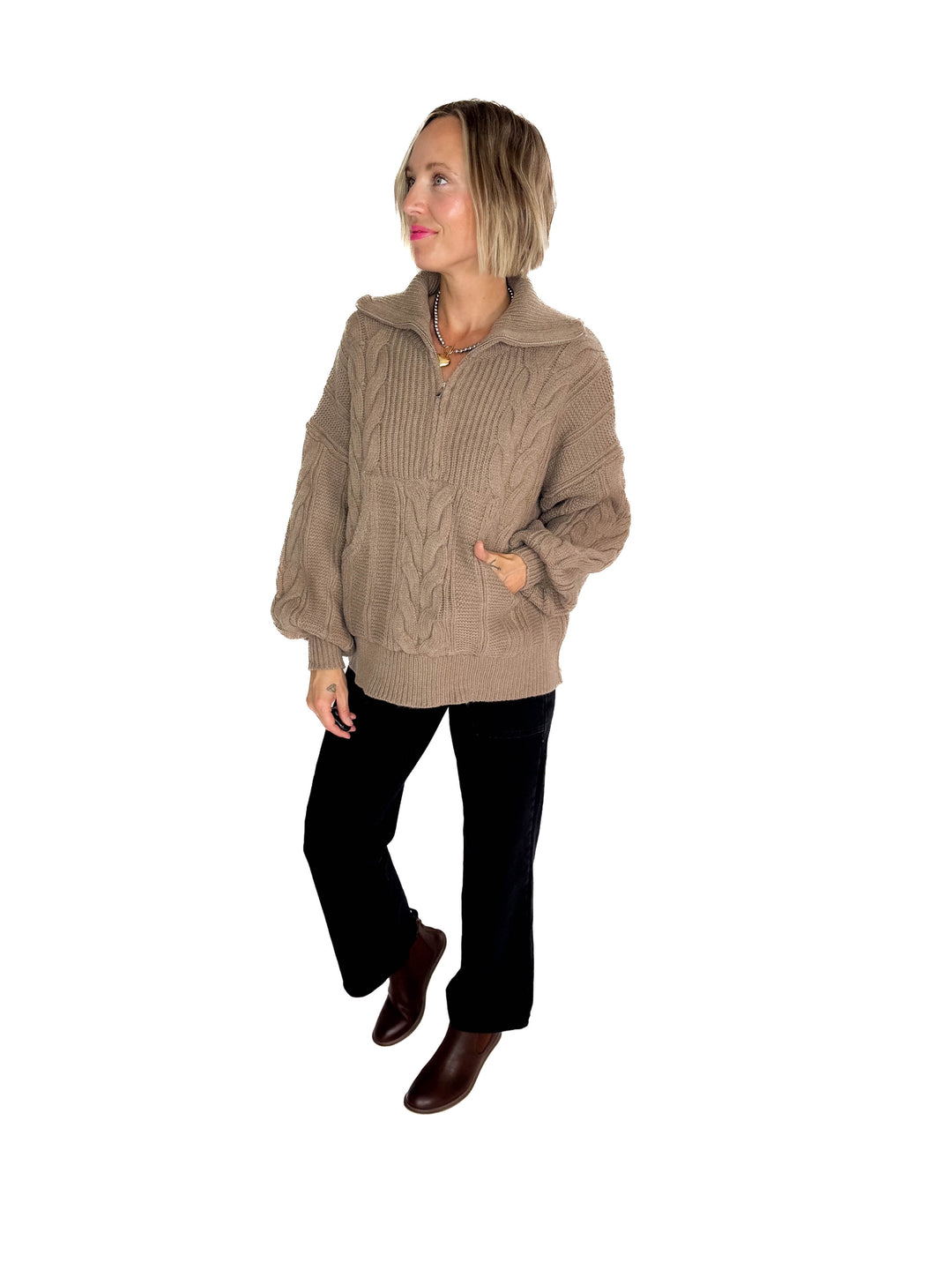 Kiki Cable Knit 1/2 Zip Sweater- FAWN