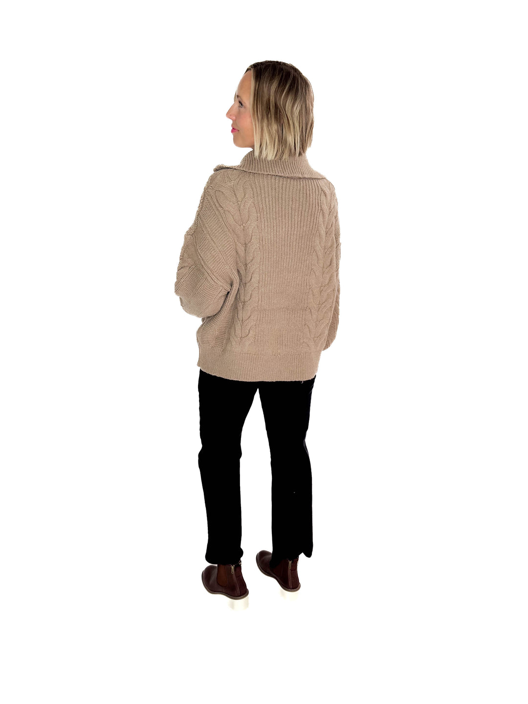 Kiki Cable Knit 1/2 Zip Sweater- FAWN