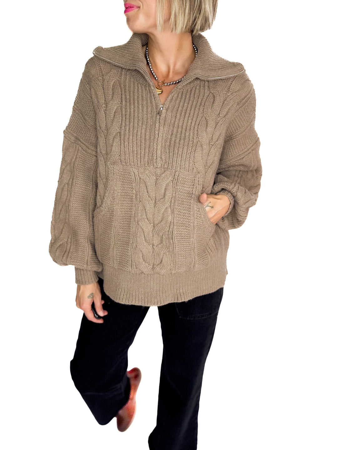 Kiki Cable Knit 1/2 Zip Sweater- FAWN
