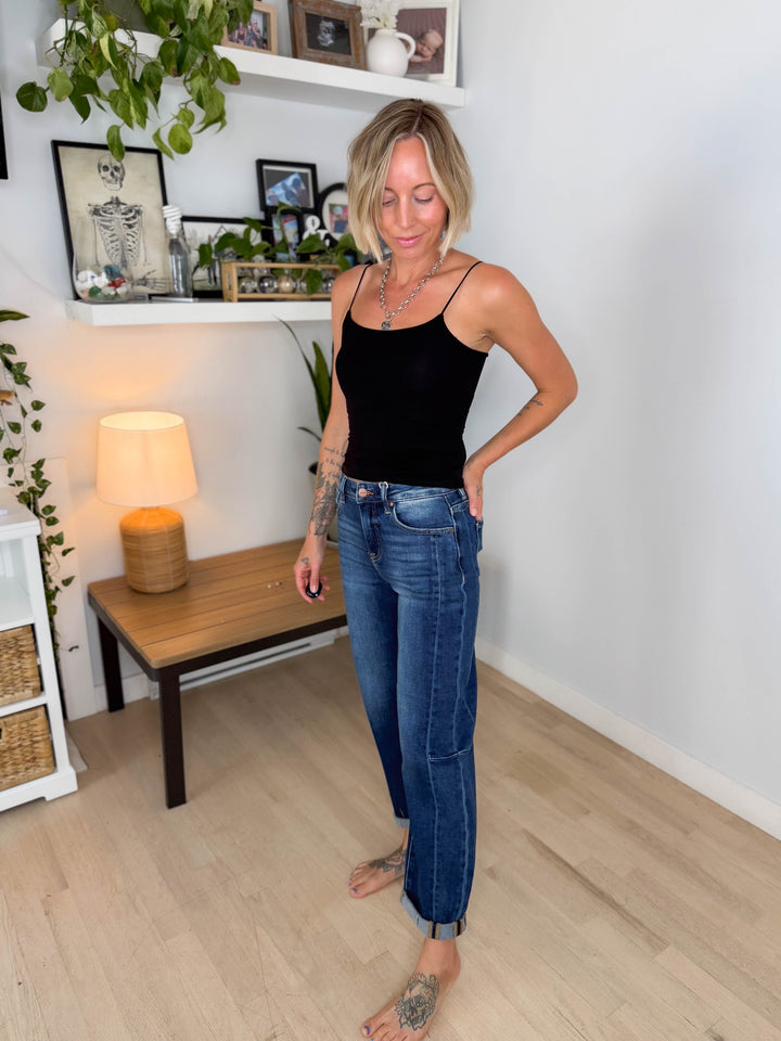RISEN Ashley High Rise Barrel Jeans- DARK WASH