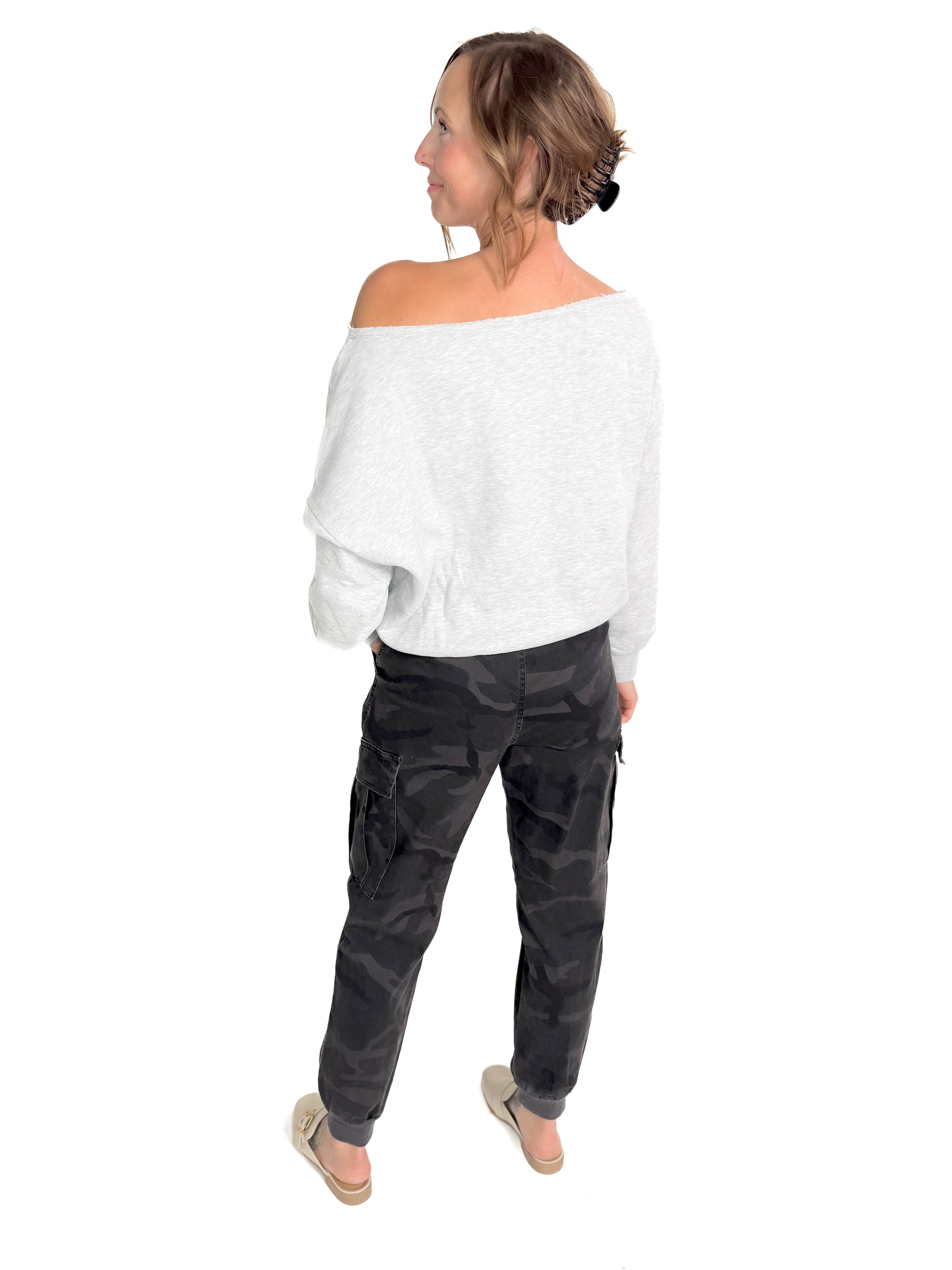 Janice Fleece Off Shoulder Top- HEATHER GREY