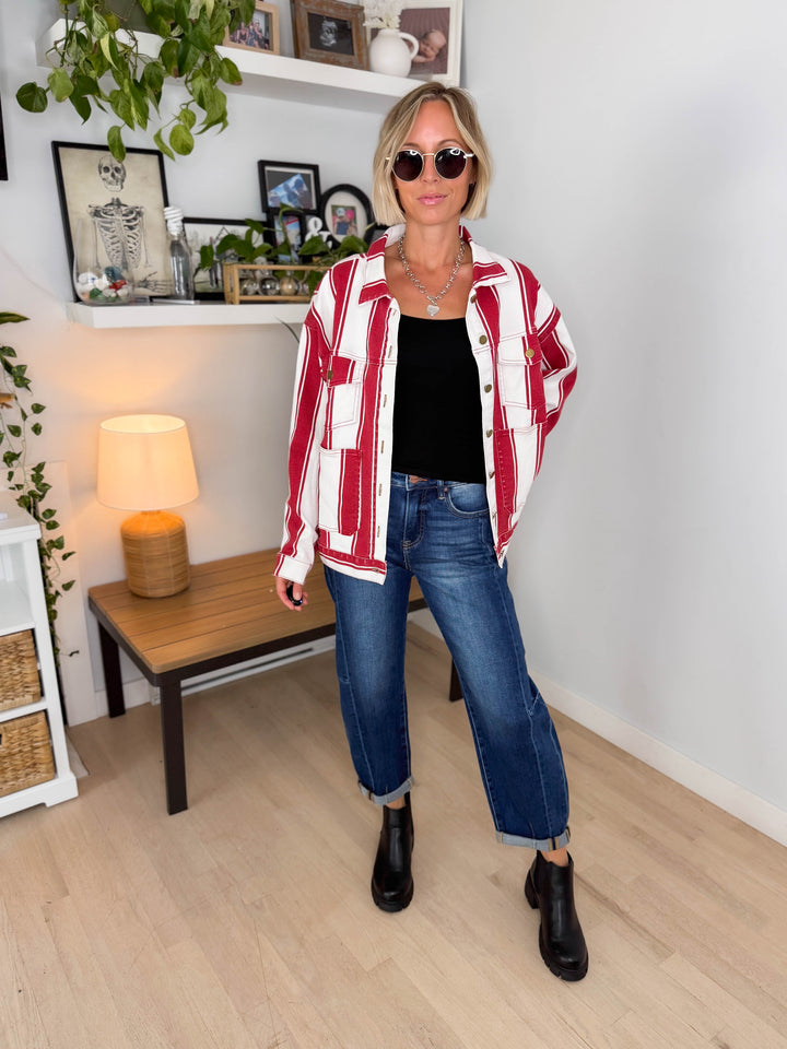 Jessie Vintage Striped Denim Jacket- RED