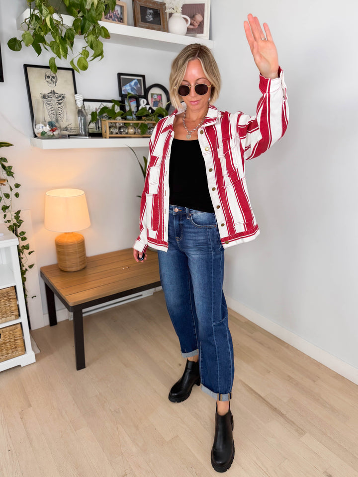 Jessie Vintage Striped Denim Jacket- RED